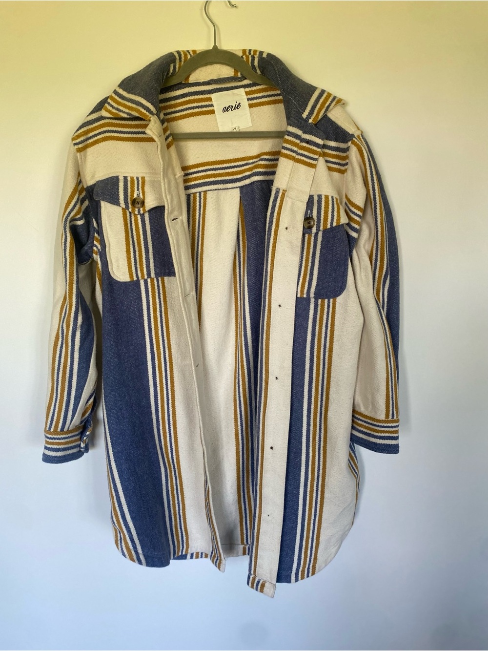 Aerie Cream, Navy & Mustard Striped Button-Up Shirt Jacket